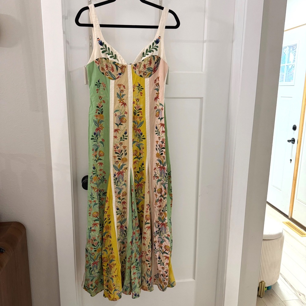 FARM Rio Delicate Floral Stripe Dress Midi Embroidered Patchwork Boho S Eclectic